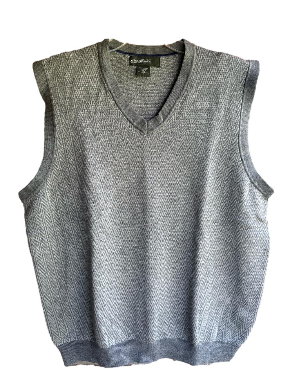 Eddie Bauer Men's Gray Harringbone Knit V-Neck Sweater Vest Medium Supima Cotton